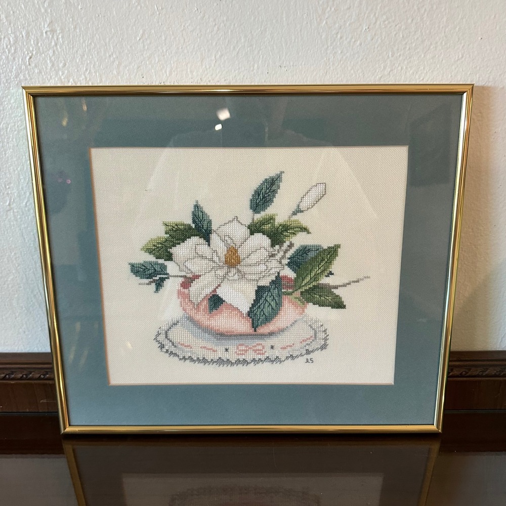 Vintage Framed Cross Stitch Magnolia Flower Floral Wall Art Gold Tone 15x13